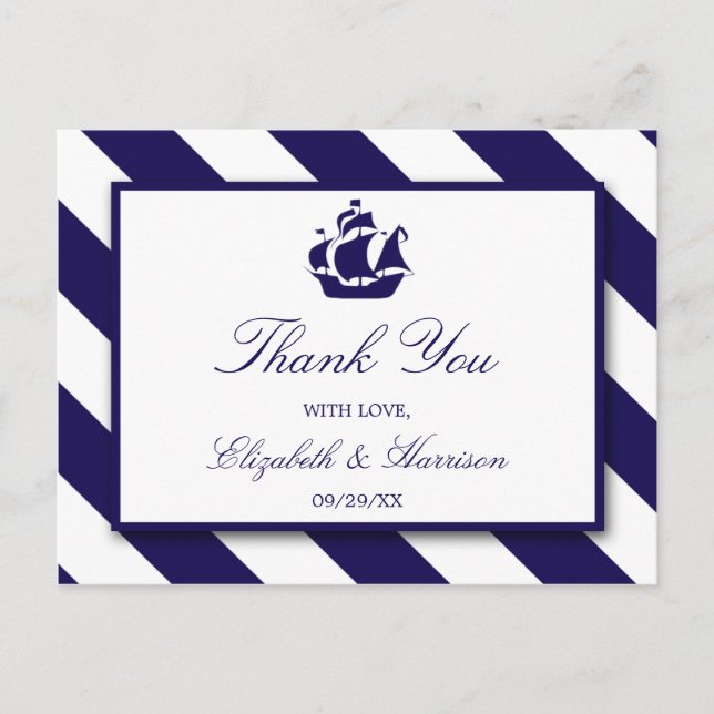 Nautische Streifen und Hochzeit eines blauen Schif Postkarte (Vorderseite)