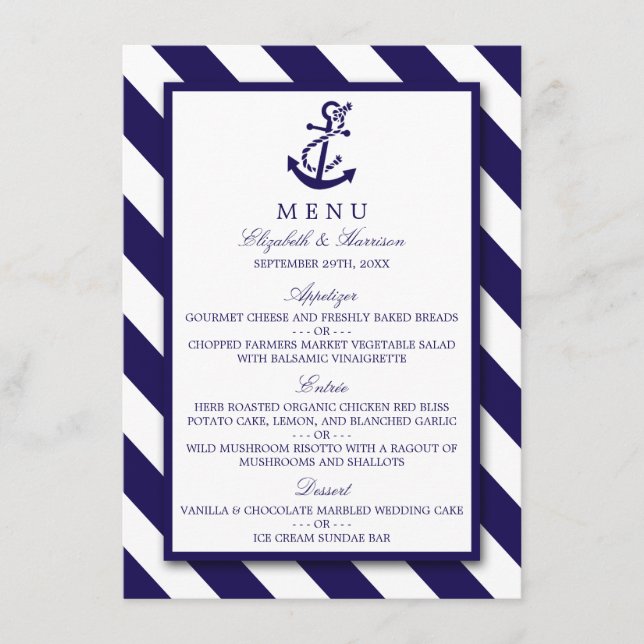 Nautische Streifen und Hochzeitsmenü des Navy Blue Menükarte (Vorderseite)
