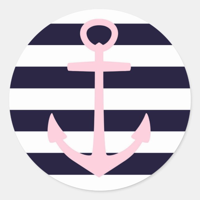Nautische Streifen und rosa Anker Runder Aufkleber (Vorderseite)