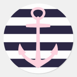 Nautische Streifen und rosa Anker Runder Aufkleber