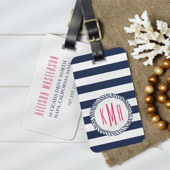 Nautische Streifen und rosa Monogramm Gepäckanhänger (Von Creator hochgeladen)
