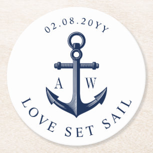 Nautische Theme Anker benutzerdefinierte Monogramm Runder Pappuntersetzer