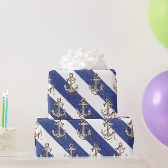 Nautische Verankerung an Wasserfarben Streifen Geschenkpapier (Partygeschenke)