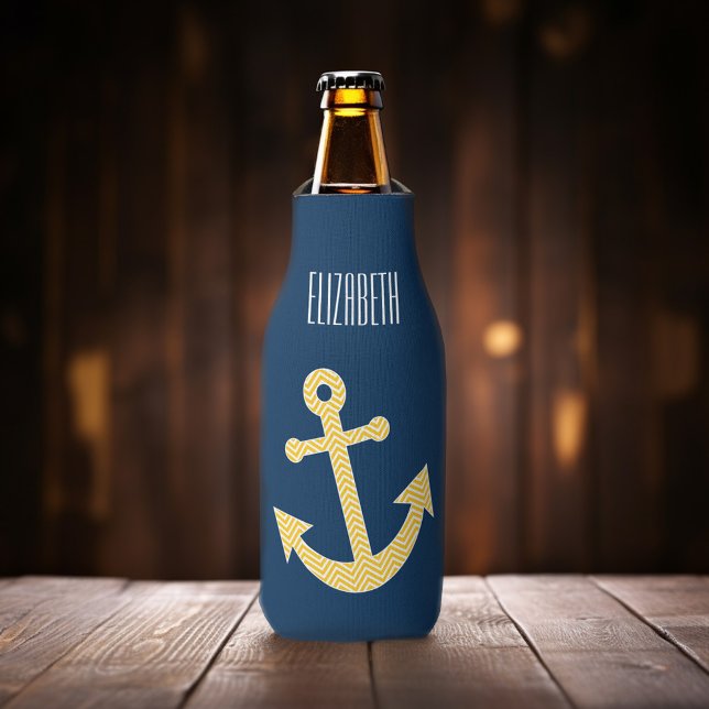 Nautische Verankerung mit Zickzack Navy-Yellow-Mus Flaschenkühler (Bottle can cooler with an anchor - add your name!)
