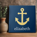 Nautische Verankerung mit Zickzack Navy-Yellow-Mus Fliese<br><div class="desc">Trendy and Preppy Patterns - Ein klassisches und elegantes Design mit Chevrons und einem Bereich,  um Ihren Namen oder Monogramm hinzuzufügen.</div>