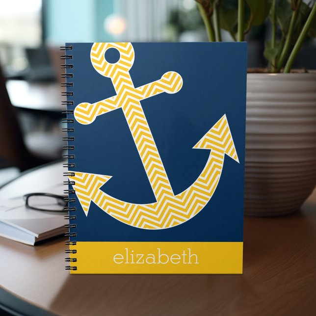Nautische Verankerung mit Zickzack Navy-Yellow-Mus Notizblock (Personalized notebook - add name and custom text)