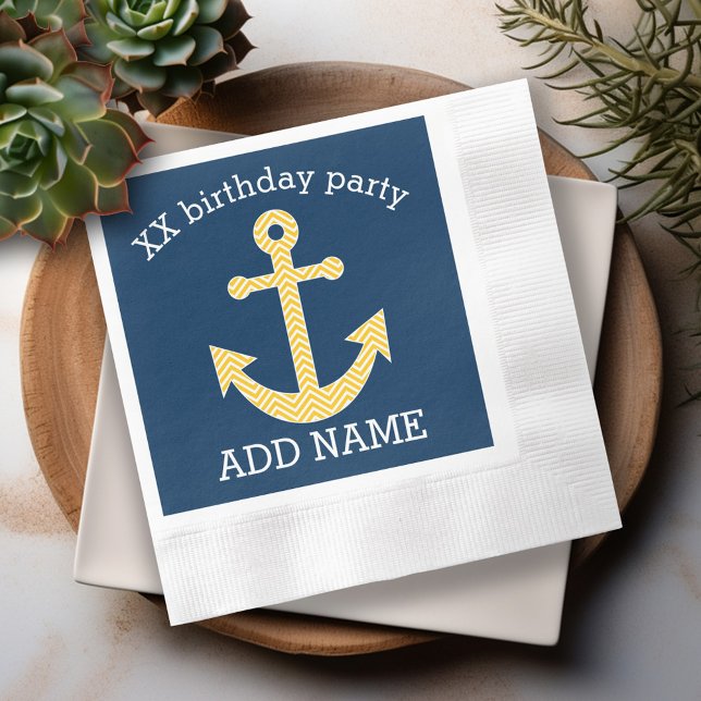 Nautische Verankerung mit Zickzack Navy-Yellow-Mus Serviette (Personalized cocktail and dinner napkins)