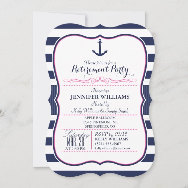 Nautische Verankerung; Navy & Pink Rente Party Einladung (Vorderseite)