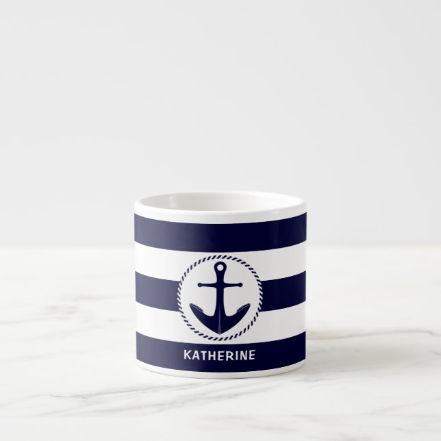 Nautische Verankerung und Navy Blue Streifen kunde Espressotasse (Vorderseite)