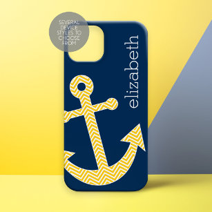Nautische Verankerung und Zickzack Navy Yellow Mus iPhone 15 Pro Hülle