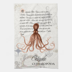 Nautische Vintage-Oktopus-Illustration & Typografi Geschirrtuch