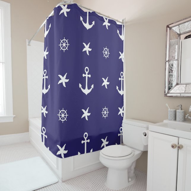 Nautische weiße Meereselemente auf Navy Blue Duschvorhang (Beispiel)