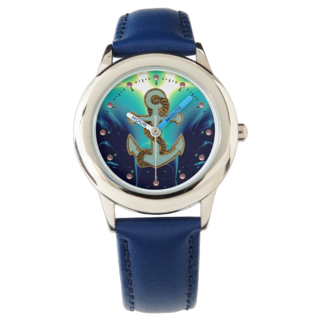 NAUTISCHE WELLEN, ANCHOR UND ROPE Navy Blue Armbanduhr (Vorderseite)