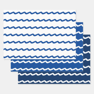 Nautische Wellen Blau weiß 3 Geschenkpapier Set