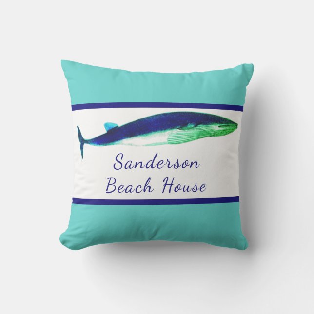Nautische Whale Wasserfarbe Aquamarin Blue Küsteno Kissen (Vorderseite)