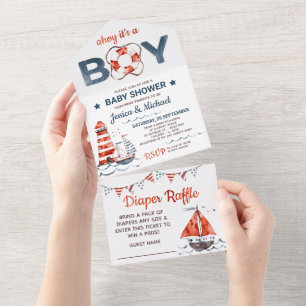 Nautische Windelverlosung und Babyparty All In One Einladung