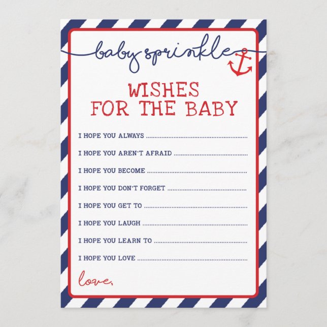 Nautische Wünsche für das Baby Sprinkle Game Navy  Hinweiskarte (Vorderseite)