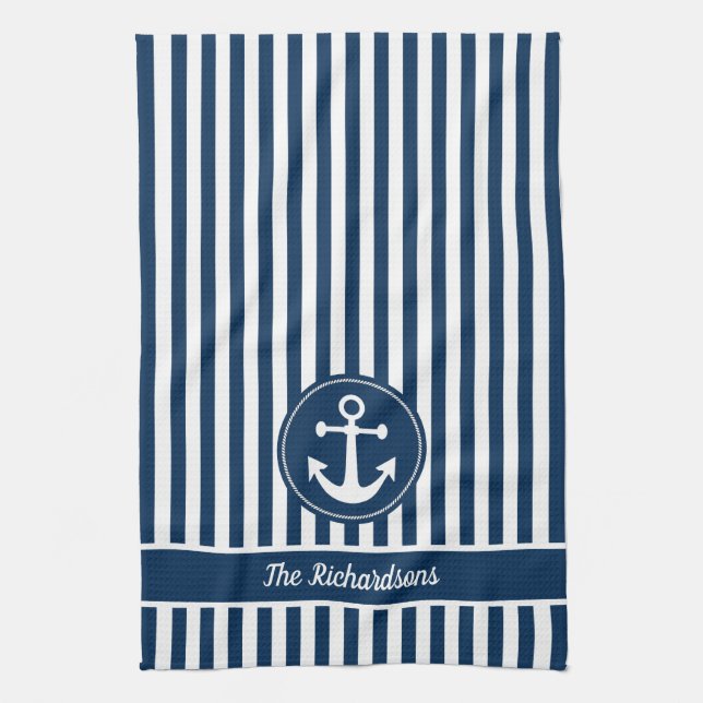 Nautischer Anker mit Seil auf Navy Blue Stripes Geschirrtuch (Vertikal)