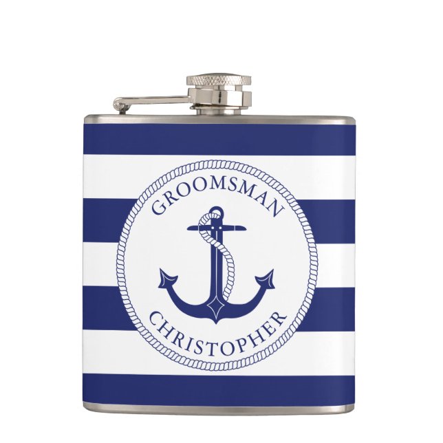 Nautischer Anker Navy Blue Stripe Trauzeuge Flachmann (Vorderseite)