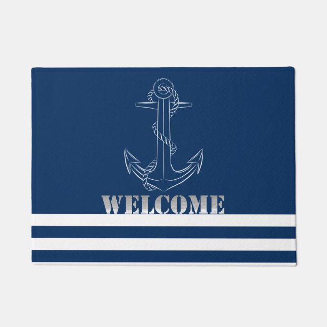 Nautischer Anker, Navy Blue Stripes Segler Empfang Fußmatte (Vorderseite)