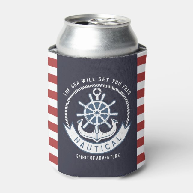 Nautischer Anker, Rad, Navy Blue, Rote Streifen Dosenkühler (Kanne Vorderseite)