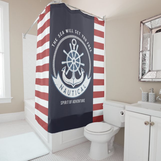 Nautischer Anker, Rad, Navy Blue, Rote Streifen Duschvorhang (Beispiel)