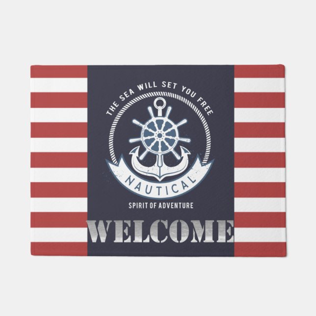 Nautischer Anker, Rad, Navy Blue, Rote Streifen Fußmatte (Vorderseite)