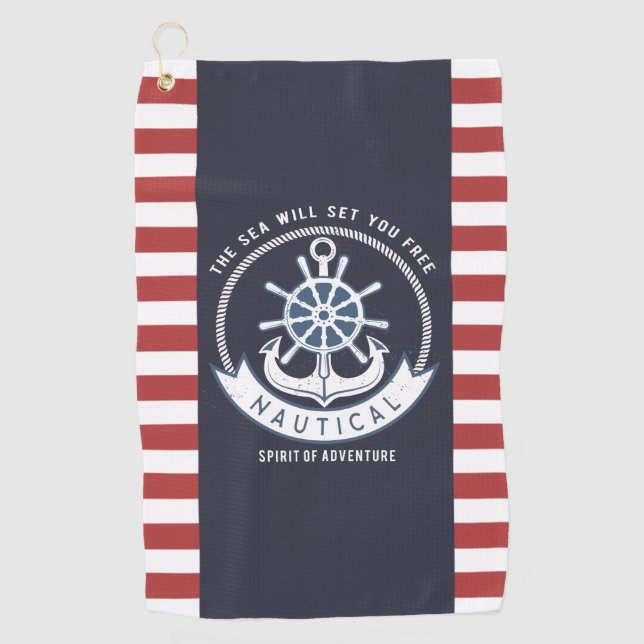 Nautischer Anker, Rad, Navy Blue, Rote Streifen Golfhandtuch (Vorderseite)