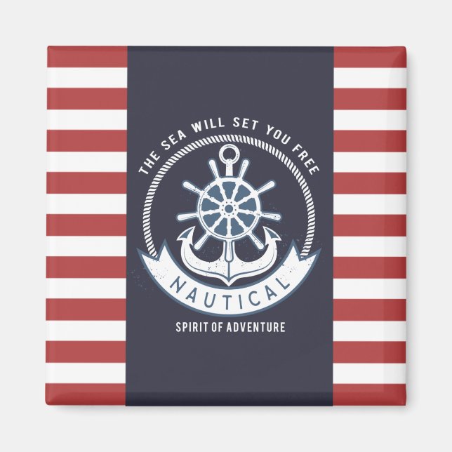Nautischer Anker, Rad, Navy Blue, Rote Streifen Magnet (Vorne)