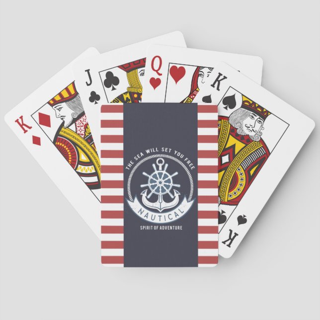 Nautischer Anker, Rad, Navy Blue, Rote Streifen Spielkarten (Rückseite)