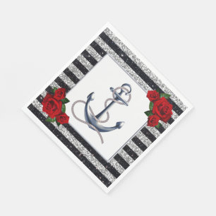 Nautischer Anker Silber Schwarze Streifen Hochzeit Serviette