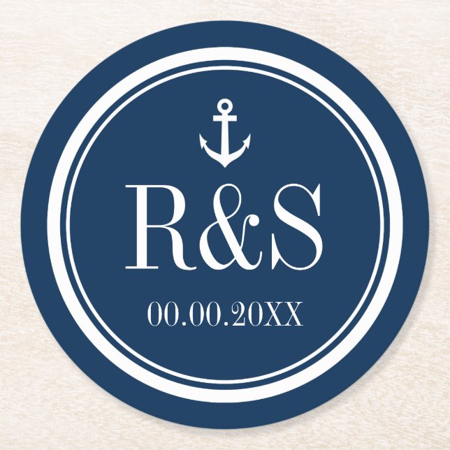 Nautischer Ankermarineblau-Monogramm-Hochzeitliche Runder Pappuntersetzer (Vorderseite)
