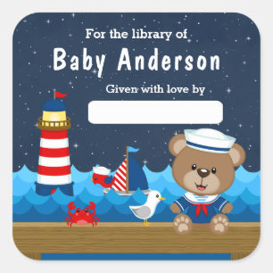 Nautischer Bärenjunge Rot und Marine Baby-Exlibris Quadratischer Aufkleber