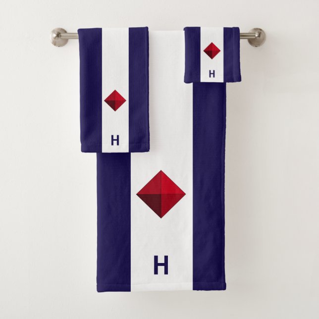 Nautischer Diamant und Monogramm auf blau und weiß Badhandtuch Set (Insitu)