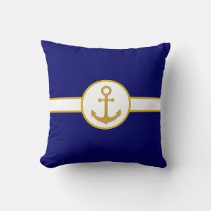 Nautischer goldener Anker auf Marineblau und Weiß Kissen