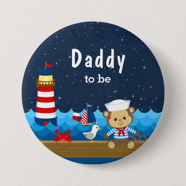 Nautischer Jungenaffe Rot und Navy Daddy wird Papa Button (Vorderseite)