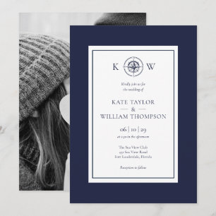 Nautischer Kompass Marineblau Monogramm Hochzeitsf Einladung