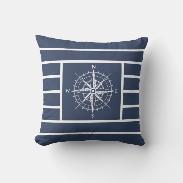 Nautischer Kompass Navy Blue Stripes Kissen (Vorderseite)