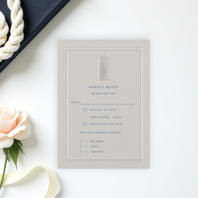 Nautischer Küsten-Glockenturm Formelle Hochzeitsan (coastal wedding rsvp card formal traditional double frame modern classic ivory bell tower)