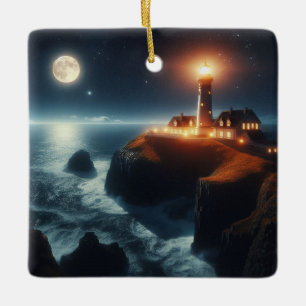 Nautischer Küstenleuchtturm bei Nacht mit Mond Keramikornament