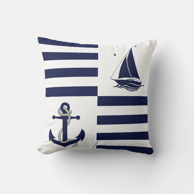 Nautischer Marineanker/Segelboot/blauer Streifen Kissen (Vorderseite)