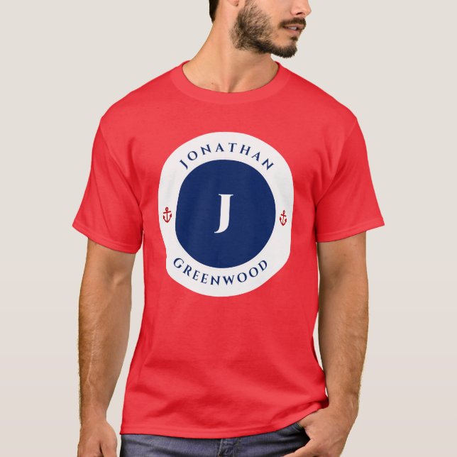 Nautischer Monogramm Navy Blue Red Anchor Circle T-Shirt (Vorderseite)