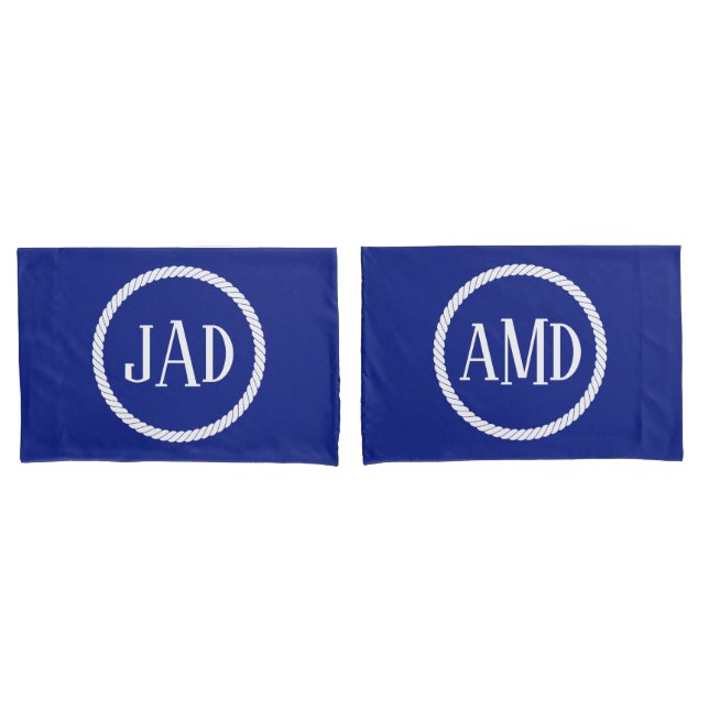 Nautischer Monogramm Navy Blue White Rope Circle Kissenbezug (Vorderseite-Set)