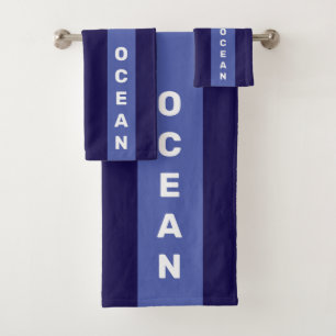 Nautischer Ozean-Text auf blau schattierten gestre Badhandtuch Set