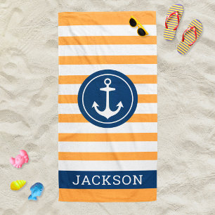 Nautischer Personalisierter Name Navy Orange Strip Strandtuch