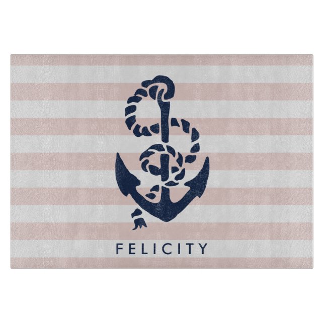 Nautischer rosa Streifen und Navy Anchor Personali Schneidebrett (Vorderseite)