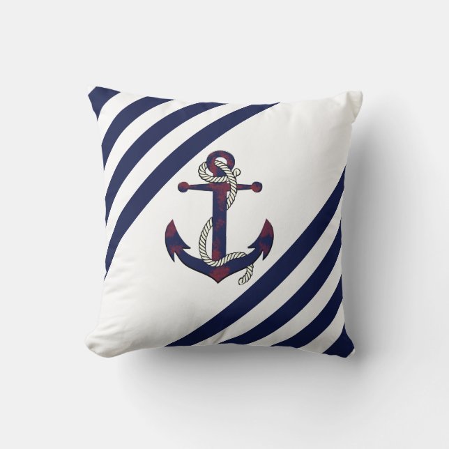Nautischer rostiger blauer Anker/Seil/blau/weiß St Kissen (Vorderseite)