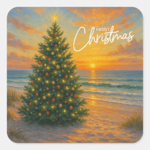 Nautischer/Strand-Weihnachtsbaum-Strand Quadratischer Aufkleber
