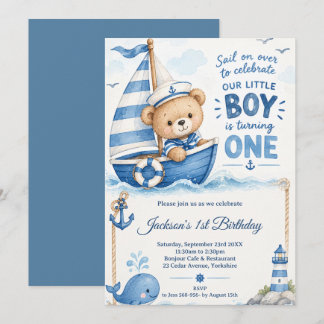Nautischer Teddybär-Segelschiff 1. Geburtstag Einladung