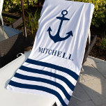 Nautischer Weißer Navy-Anchor-Individuelle Name Strandtuch<br><div class="desc">Das personalisierte nautische Badetuch zeichnet sich durch ein schlichtes,  stilvolles marineblau-weißes Küstenstreifen-Design mit Bootsanker aus. Personalisieren Sie den benutzerdefinierten Text für Monogramme mit einem Vor- oder Nachnamen.</div>